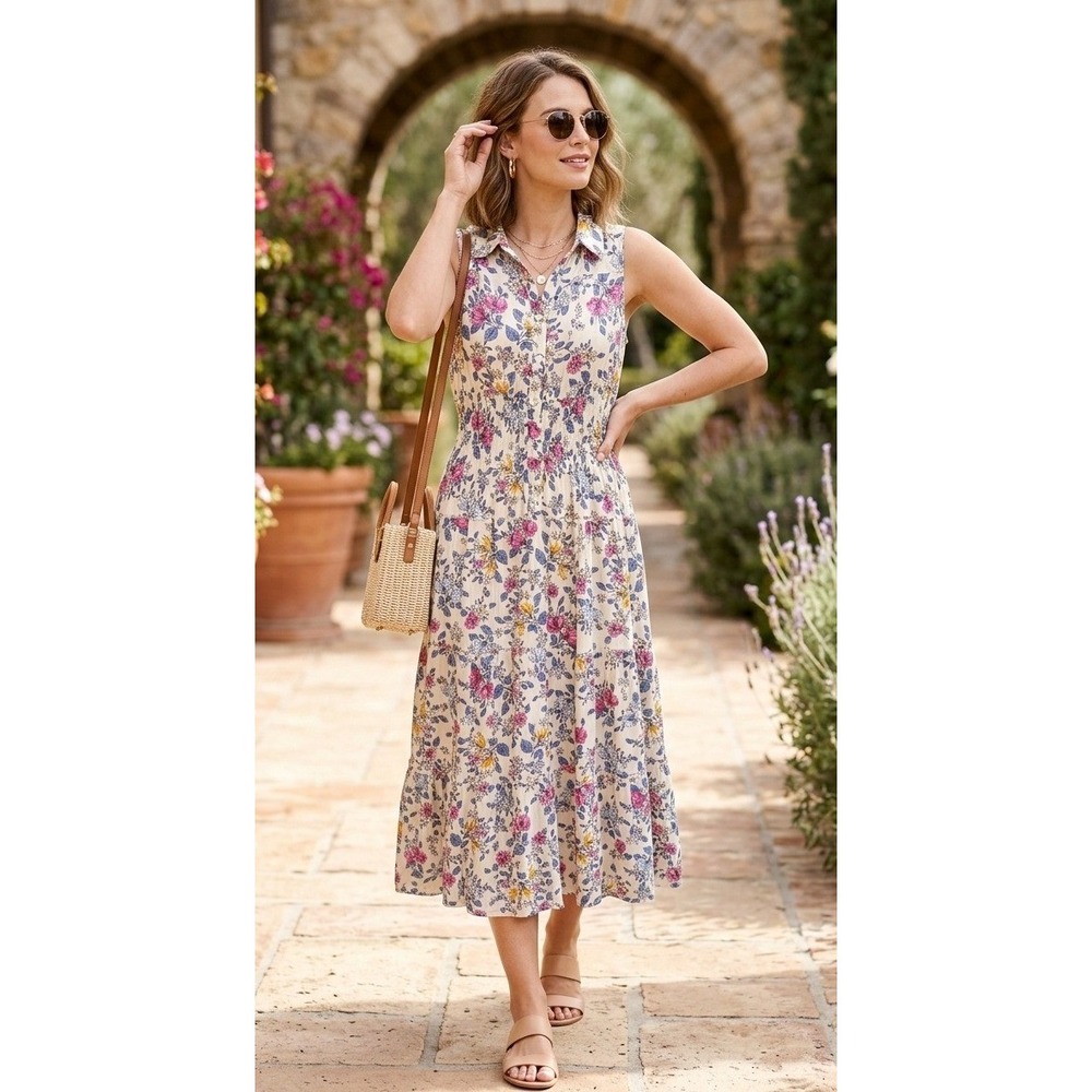 Figueroa & Flower Floral Sleeveless Button Down Smocked Midi‎ Dress M Multicolor